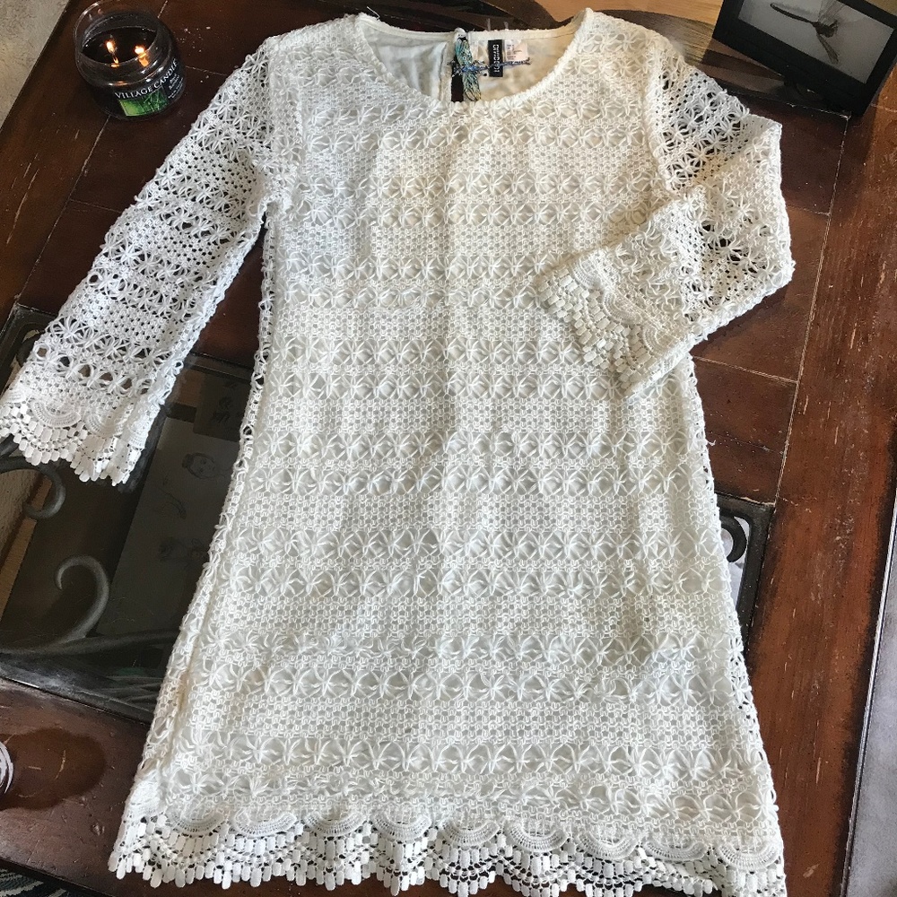 H&M Boho Style Crochet White 3/4 Sleeve Dress